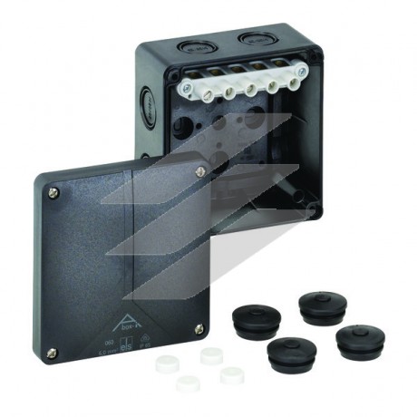 Розподільча коробка Aboх-i 060-6²/sw (110х110х67мм), клема 5х6мм² (4х2.5²-4х4², 3х6² на кожний полюс), полікарбонат, 9 метричних вводів (6-М20/М25, 1-М20, 2-М16 на днищі), IP65, чорна, Spelsberg